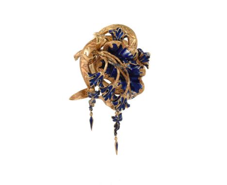 A continental blue enamelled brooch, the blue enamelled leaf with blue enamelled floral trumpets, suspending articulated drop