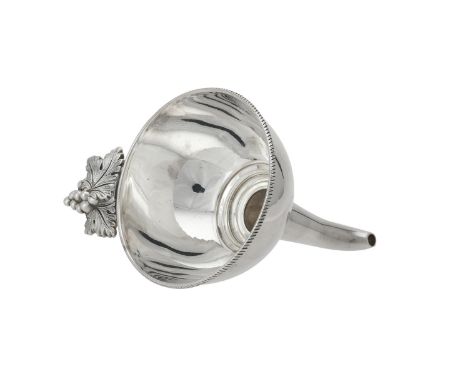 A silver wine funnel by Victoria Silverware Ltd., London 2000, with a gadrooned border and a grape vine handle, 13cm (5in) lo