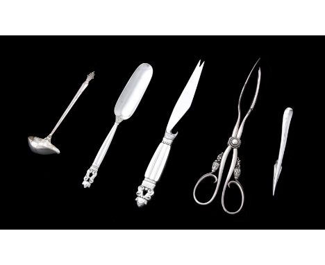 Five pieces of Danish silver coloured flatware by Georg Jensen, to include: a pair of silver coloured no. 30 pattern serving 