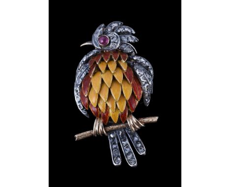 A mid 20th century Portuguese enamel and diamond stonechat brooch, the bird with a circular cabochon ruby eye, and rose cut d