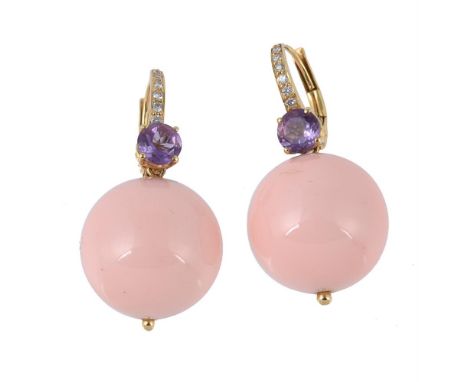 A pair of amethyst, diamond and simulated coral ear pendants, the hooks set with brilliant cut diamonds, approximately 0.10 c