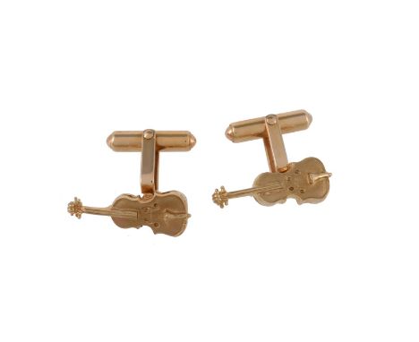 A pair of gold coloured violin cufflinks, the violin panels measuring 2.2cm long, to swivel terminals, stamped 14k, 11.6g gro