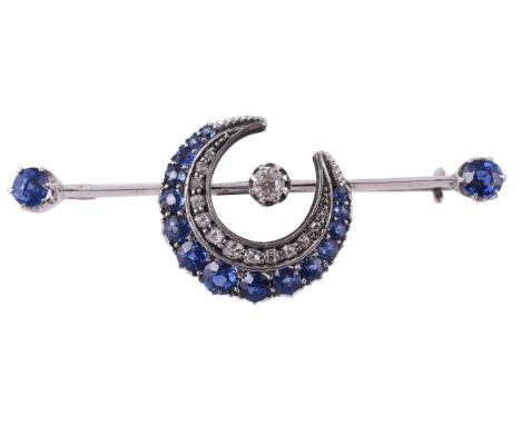 A Victorian sapphire and diamond crescent bar brooch, circa 1880, the crescent set with graduated circular cut sapphires with