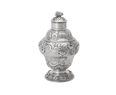 A George II silver bluster pot, maker's mark obscured, London 1755, with a foliate finial to the pull off cover, chased with 