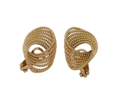 A pair of Italian gold coloured ropetwist ear clips, with scrolled undulating ropetwist wirework panels, the clips stamped 75