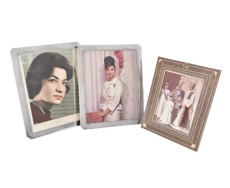 [Pahlavi Interest] A 1960s Persian khatam inlaid photograph frame with a Pahlavi crown to the top centre, containing a photog