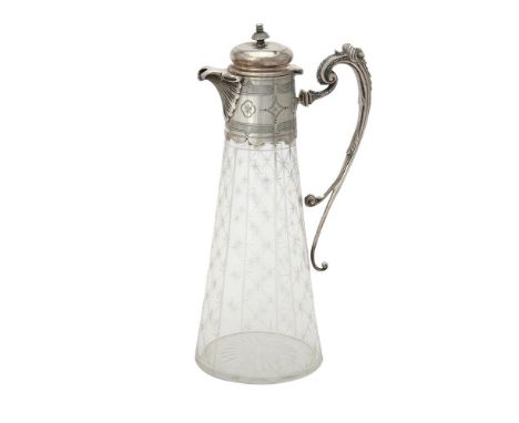 An Edwardian silver mounted etched glass claret jug by Walker & Hall, Sheffield 1903, with a domed finial to the domed cover.