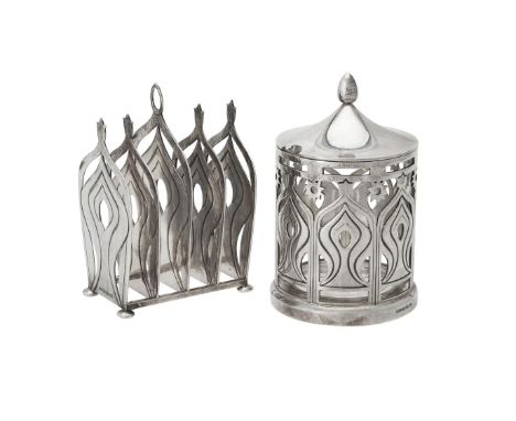 A silver toast rack and jam jar by Grant MacDonald Silversmiths, London 2007, the four division toast rack with a loop handle