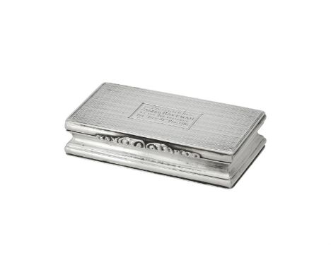A Victorian silver rectangular snuff box, maker's mark TS, Birmingham 1837, the engine turned cover engraved with a presentat