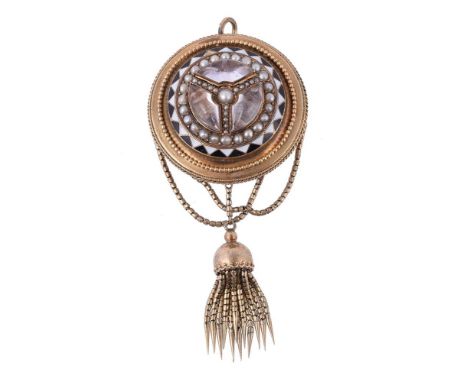 A mid Victorian rock crystal, half pearl and enamel tassel brooch/pendant, the circular panel with three polished rock crysta