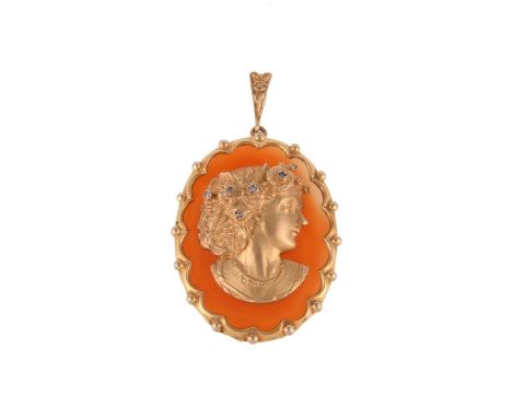A 1970s 9 carat gold diamond and cornelian pendant of Flora, the polished oval cornelian panel with an applied profile of Flo
