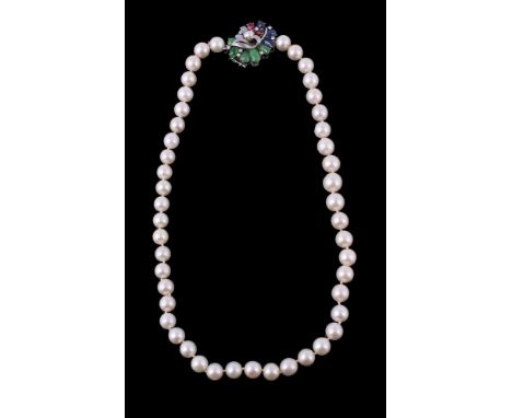 A cultured pearl necklace with multi gem set clasp, the slightly graduated cultured pearls measuring 9mm to 11mm diameter, to
