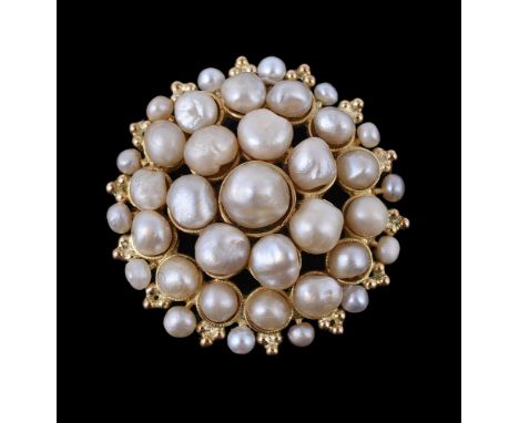 A pearl cluster brooch, the target cluster of graduated pearls, with beaded accents to the border, 3.1cm diameter, 9.6g gross