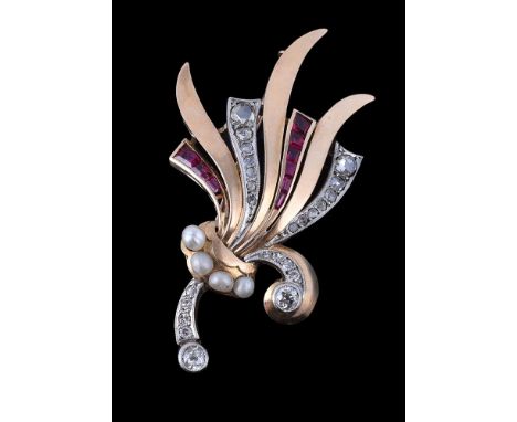 A 1940s Retro scrolled diamond and synthetic ruby flower head brooch, the rose cut diamond and calibré cut synthetic ruby sty