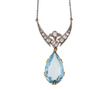 An aquamarine and diamond pendant, the pear shaped aquamarine estimated to weigh 4.81 carats, suspended from a graduated old 