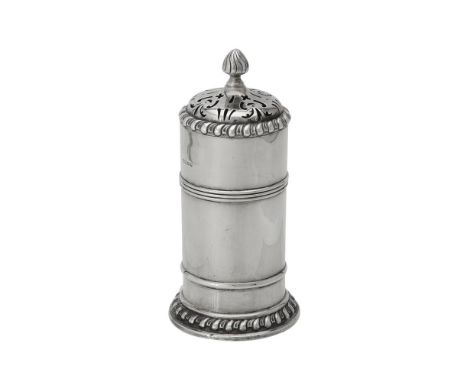 A Victorian silver cylindrical castor by Martin Hall & Co., Sheffield 1889, with a spiralling cone finial to the pierced and 