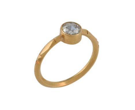 A single stone diamond ring, the rose cut diamond in a closed back collet setting, to shaped shoulders, stamped C22, finger s