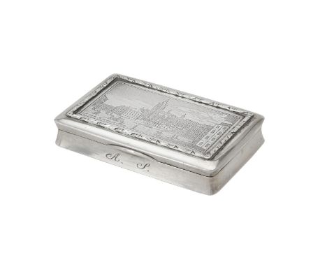 A Hungarian silver oblong snuff box, Vienna 1830, the cover engraved with St. Vitus cathedral in Prague, the body engraved A.