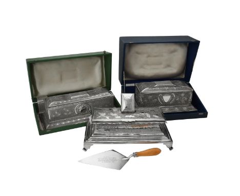 Three Pakistani silver coloured boxes, all presentation engraved to President Iskander Mirza, to include: a rectangular caske