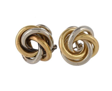 A pair of Italian two colour knot ear clips, the polished knot panels measuring 1.7cm wide, the clips stamped 750 with Italia