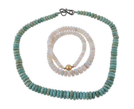An opal bead necklace, the graduated polished opal beads measuring 6mm to 11mm diameter, to a magnetic orb fastener stamped 7