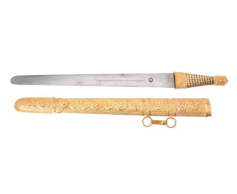 A cased Omani gold coloured mounted scabbard and sword, stamped 21C, the hilt with gold coloured overlay and steel blade, the