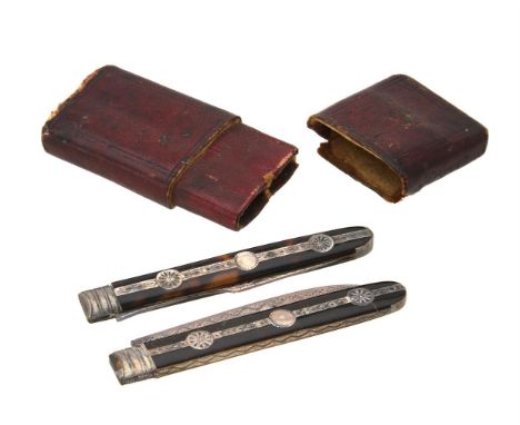 Y A cased George III silver mounted and tortoiseshell travel knife and fork, duty and sterling marks only, inlaid with an eng