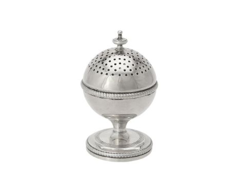 A George III silver globular wig powder/pounce pot by William Parker, London 1804, with a circular finial to the pierced dome