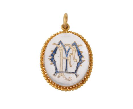 A late Victorian reverse painted intaglio pendant, circa 1890, the cabochon rock crystal carved with the gothic initials MF h