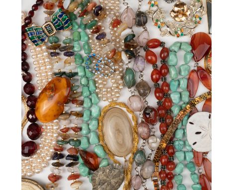 A GROUP OF MOSTLY COSTUME JEWELLERY (QTY)To include varicoloured agate and other bead necklaces, imitation pearl necklaces, b