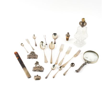 A GROUP OF SILVER AND SILVER MOUNTED WARES (20)Comprising; a christening spoon and fork, a caddy spoon, nine further items of