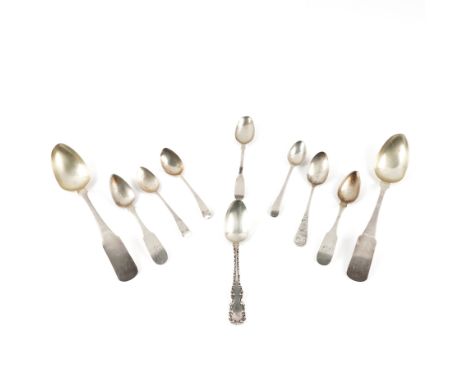 A GROUP OF MOSTLY BRITISH AND FOREIGN SILVER SPOONS AND ONE PLATED SPOONS (10)Comprising; three teaspoons, foreign flatware, 