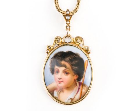 A PENDANT WITH A 9CT GOLD NECKLACE (2)The European ceramic pendant, designed as the portrait of a youth, the gold mount unmar