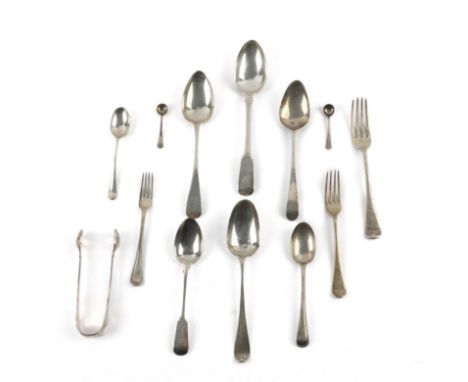 A GROUP OF SILVER FLATWARE (13)Comprising; a pair of sugar tongs, London 1879, an 18th century bottom marked tablespoon, the 