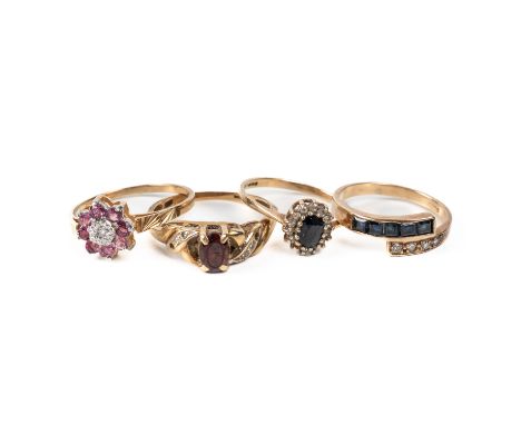 FOUR 9CT GOLD AND GEM SET RINGS (4)Comprising; a 9ct gold, sapphire and colourless gem set oval cluster ring, ring size J, a 