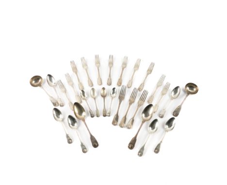 A GROUP OF SILVER DOUBLE STRUCK FIDDLE, THREAD AND SHELL PATTERN TABLE FLATWARE (28)Comprising; eleven dessert forks, London 