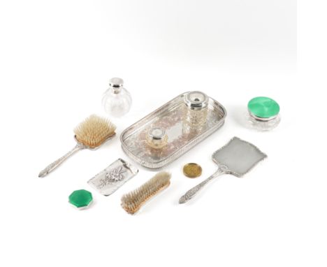 A GROUP OF DRESSING TABLE WARES AND FURTHER ITEMS (10)Comprising; a three piece brush and mirror set, Birmingham 1954, a plat