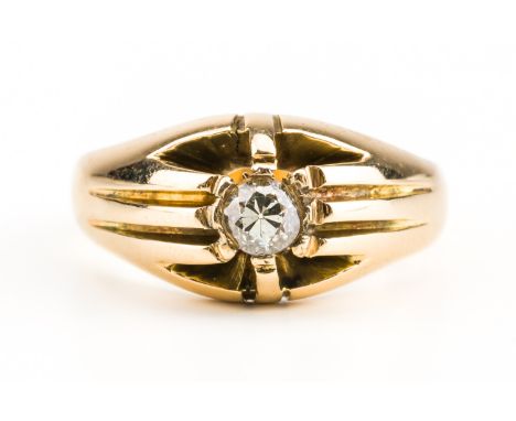 A GOLD AND DIAMOND SINGLE STONE RINGGypsy set with a cushion shaped diamond, unmarked, ring size K½, gross weight 5.7 grams