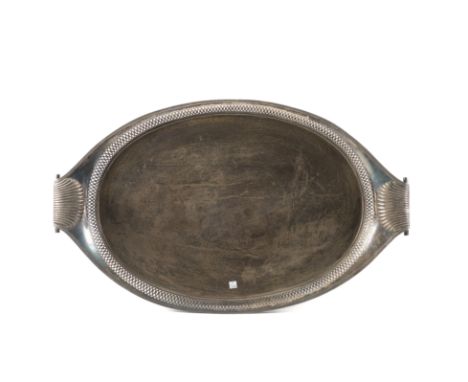 A LARGE SHAPED OVAL TWIN HANDLED GALLERY TRAYWith bold scallop form motifs to the handles and fitted with a wooden panel to t