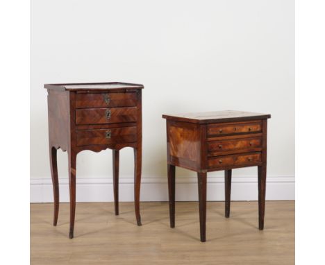 A 19TH CENTURY CONTINENTAL PARQUETRY INLAID WALNUT THREE DRAWER PETITE COMMODE (2)44cm wide; 33cm deep; 59cm high, together w