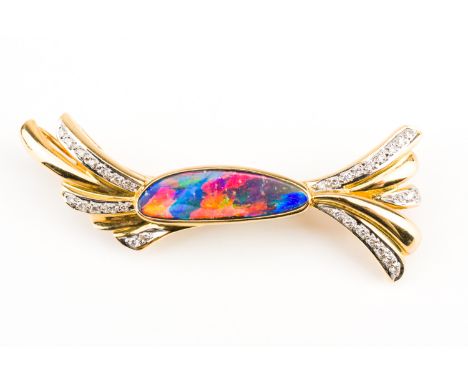 AN AUSTRALIAN GOLD AND OPAL BROOCH (2)The central opal with diamond set radiating sides, mounted with single cut diamonds, de
