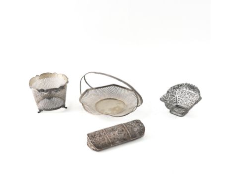 A GROUP OF FOREIGN WARES (4)Comprising; a shaped circular basket, having a curved handle, detailed Sterling, diameter 18cm, a