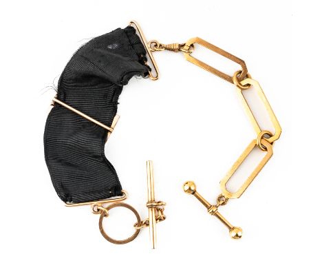 A GOLD DRESS ALBERT CHAIN AND A GOLD MOUNTED BLACK RIBBON WATCH FOB (2)The dress Albert chain formed as a row of three cut co