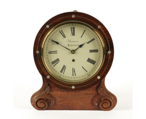 SIMMONS OF SALISBURY: AN EARLY VICTORIAN MOTHER-OF-PEARL INLAID ROSEWOOD DROP-DIAL WALL CLOCK OR MANTEL CLOCKCirca 1840 
With