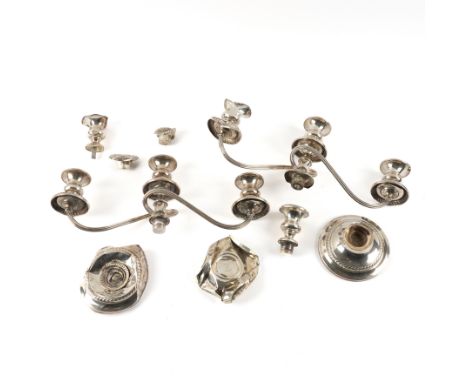A PART PAIR OF GORHAM STERLING THREE LIGHT TABLE CANDELABRAThe central stems lacking, distressed