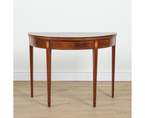 A GEORGE III KINGWOOD BANDED INLAID MAHOGANY DEMI-LUME CARD TABLEOn tapering square supports, 96cm wide; 44cm deep; 73cm high