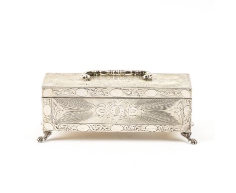 A EUROPEAN RECTANGULAR HINGE LIDDED TRINKET BOXThe exterior with engraved decoration, raised on four paw feet, textile lined 