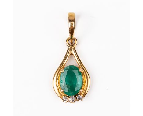 A GOLD, EMERALD AND DIAMOND PENDANTClaw set with an oval cut emerald above a row of three small round brilliant cut diamonds,