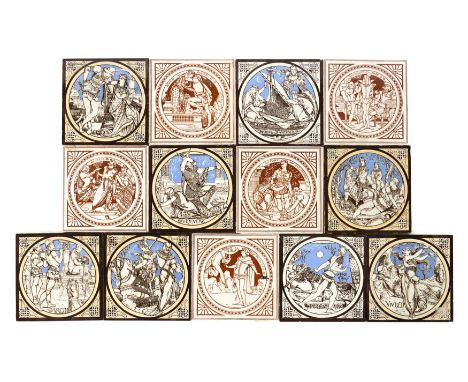 JOHN MOYR SMITH FOR MINTONS: THIRTEEN PRINTED EARTHENWARE TILES (13)Circa 1880 Comprising; eight tiles from Tennyson's `Idyll