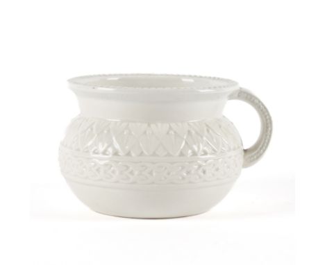 A BELLEEK EARTHENWARE SMALL CHAMBER POT OF POLITICAL INTERESTCirca 1877 The exterior with moulded decoration, the interior pr